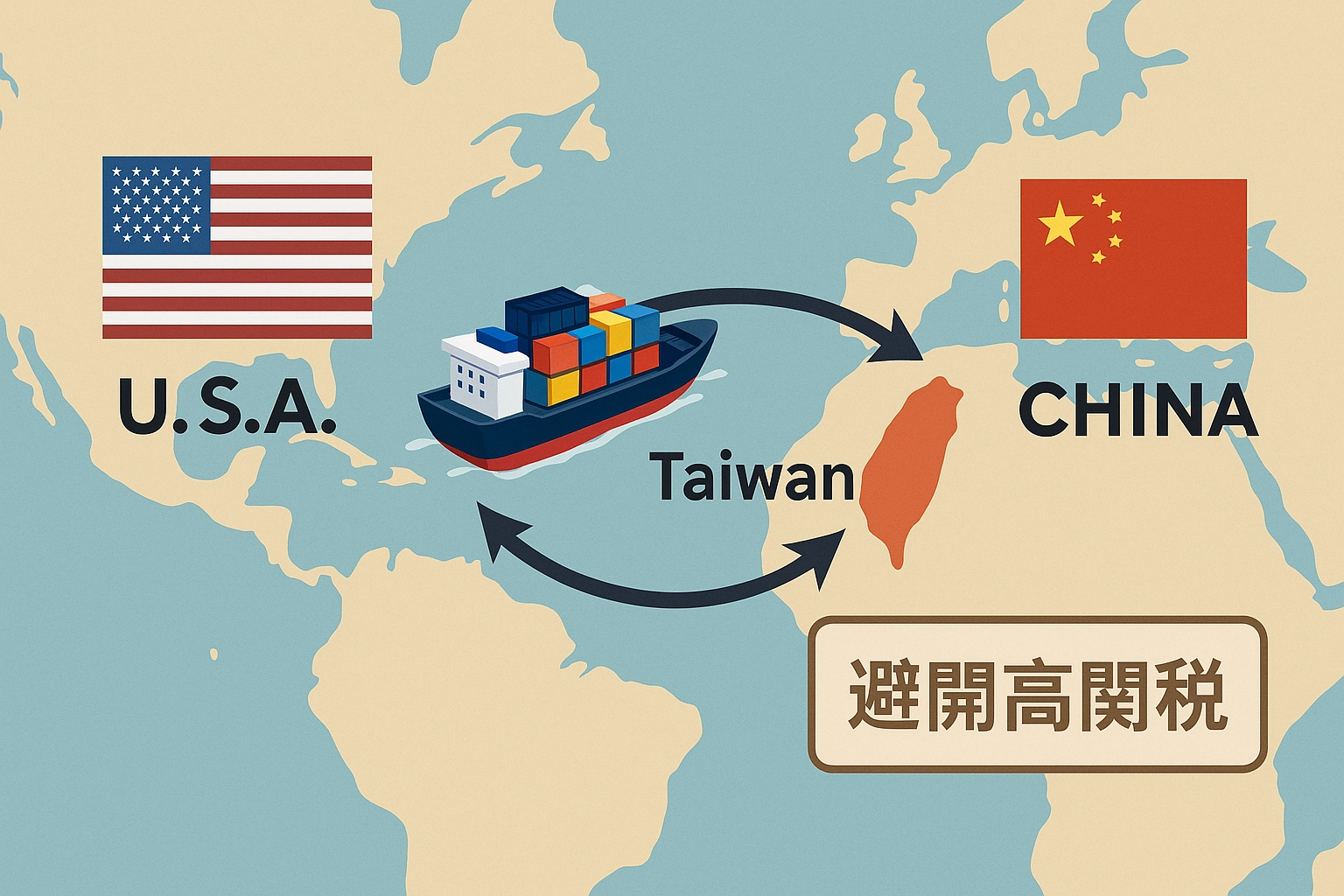 美國至中國貨物轉口經台灣的航線示意圖，展示如何透過中轉避開高額進口關稅。