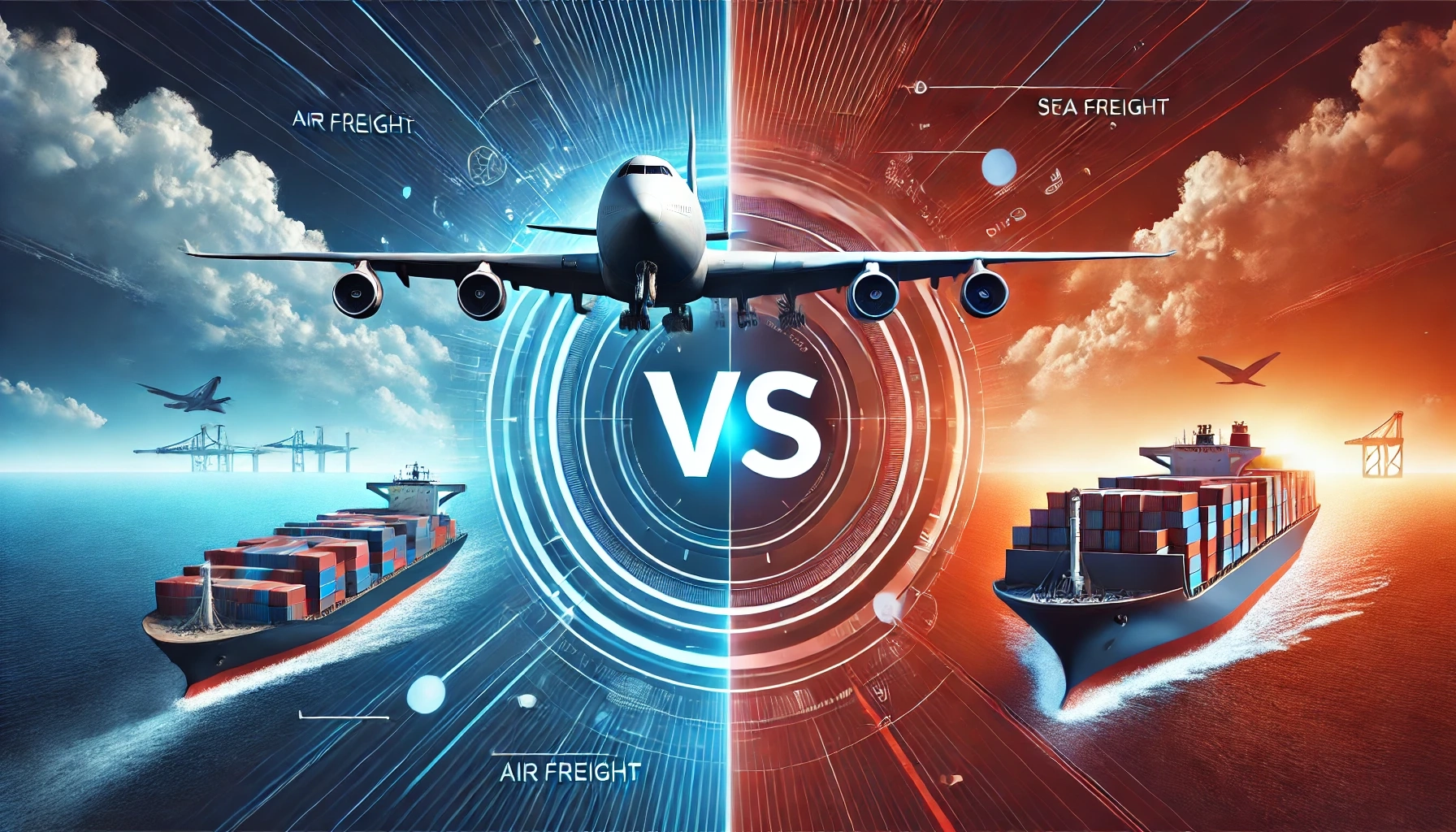 台灣寄大陸物流選擇：空運 vs. 海運，飛機與貨船的對比圖，運輸方式比較，物流成本與時效分析。